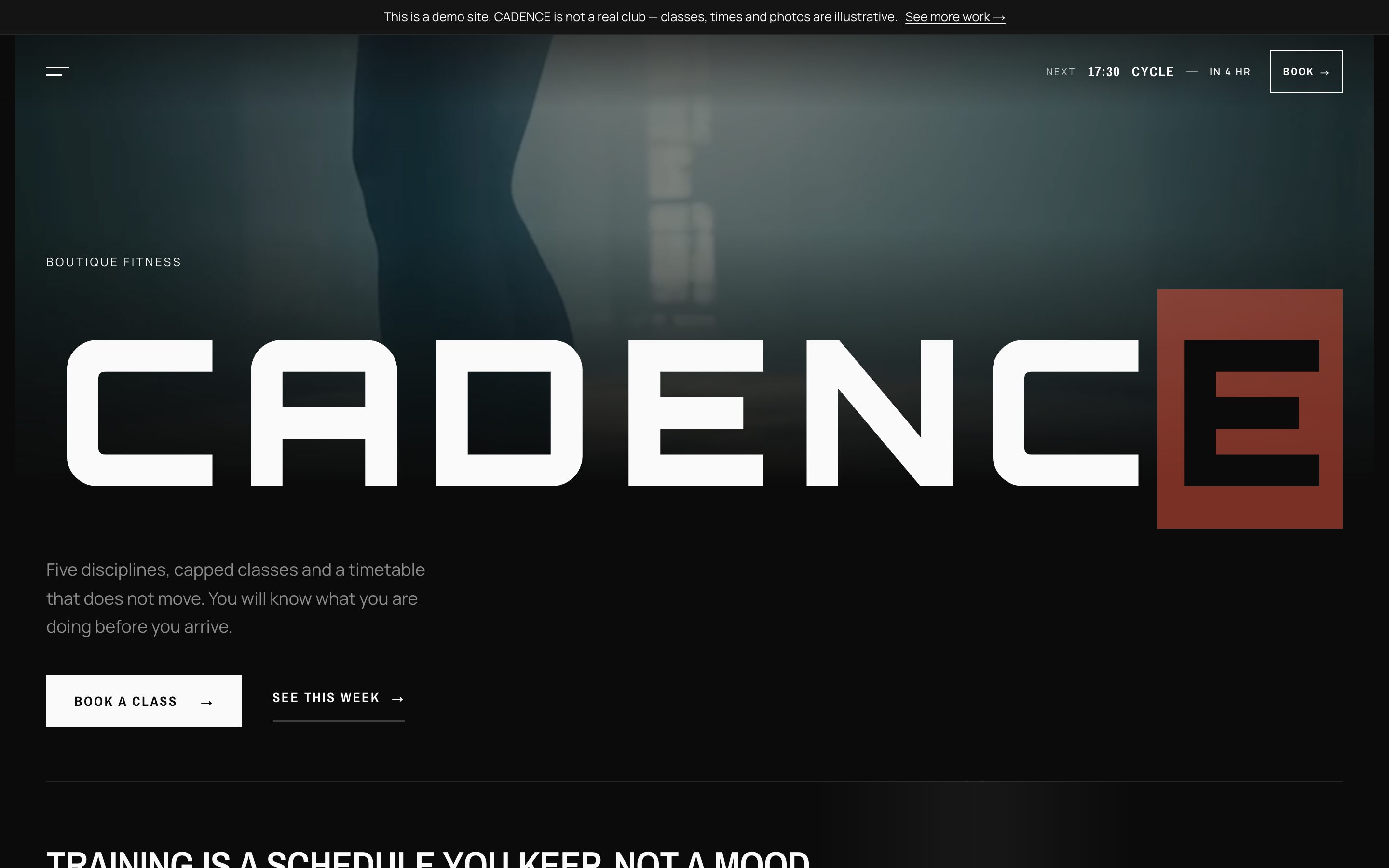 CADENCE's front page: the near-black hero, the wordmark, and the week's first classes.