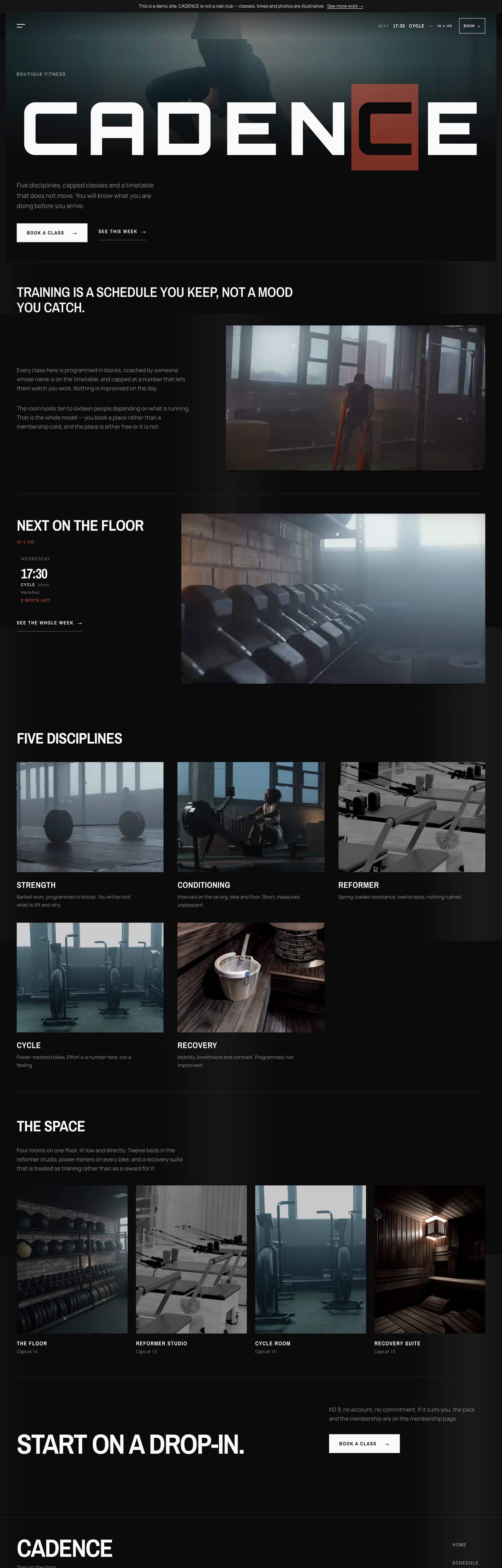The CADENCE site scrolling from its wordmark through the week ahead.