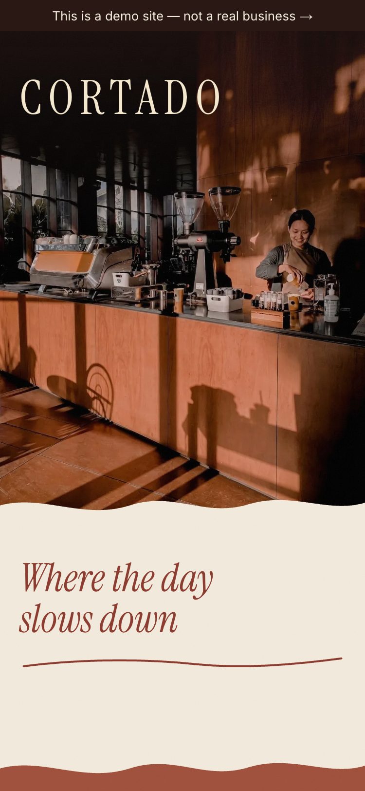 The same CORTADO home page on a phone, the headline and opening line stacked under the photograph.