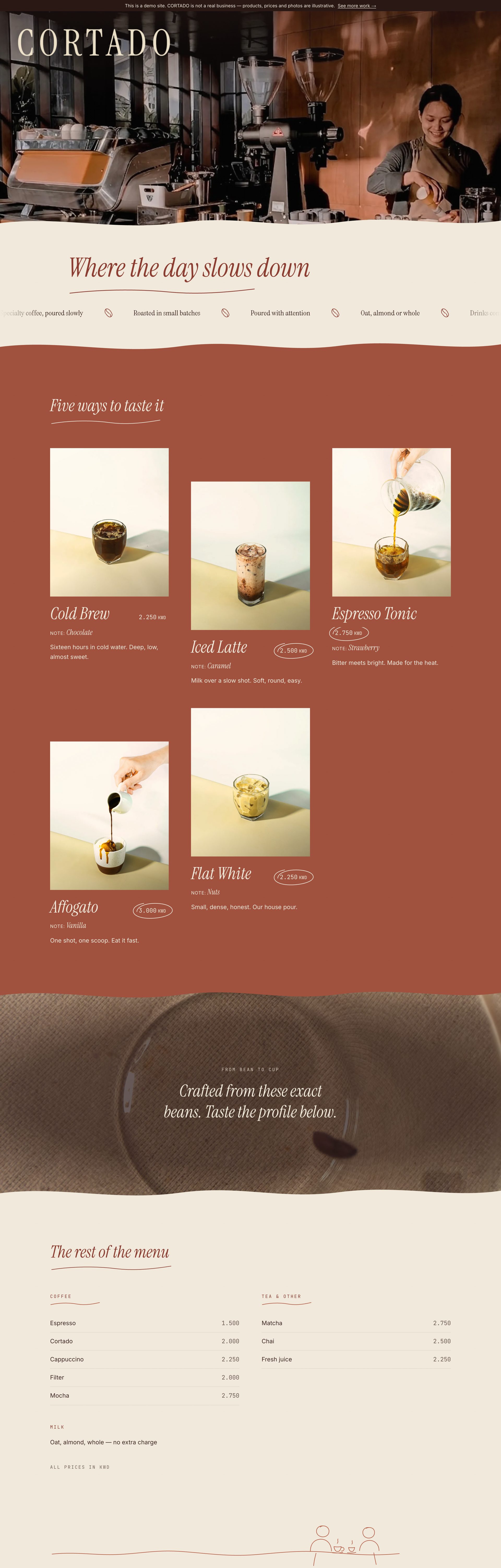 The CORTADO site scrolling from its hero through the tasting-note cards.