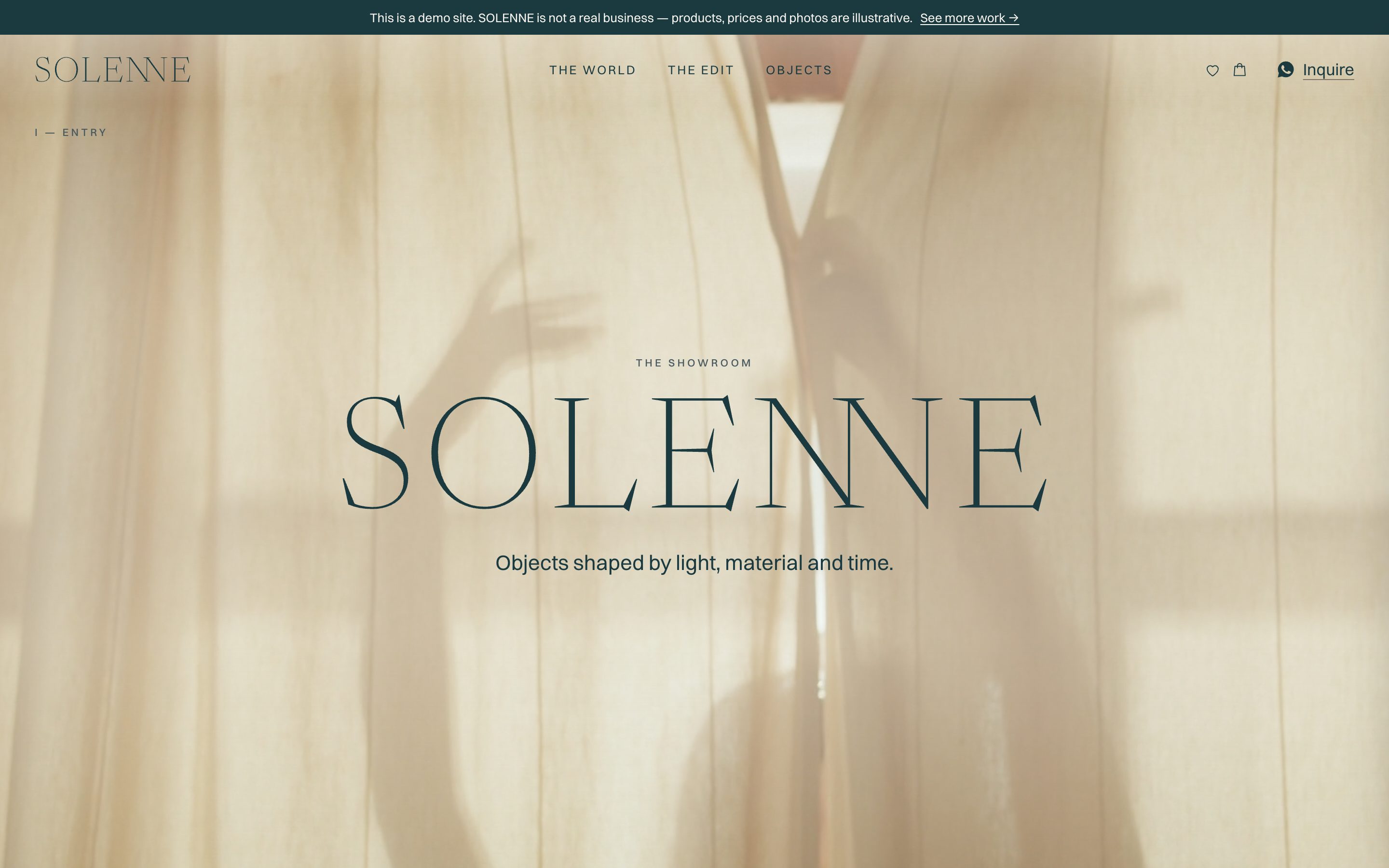 SOLENNE's front page: the lit curtain, the wordmark, and the first objects below it.