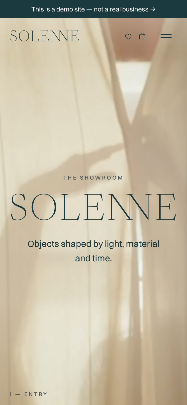 The same SOLENNE home page on a phone, wordmark and tagline centred over the curtain.